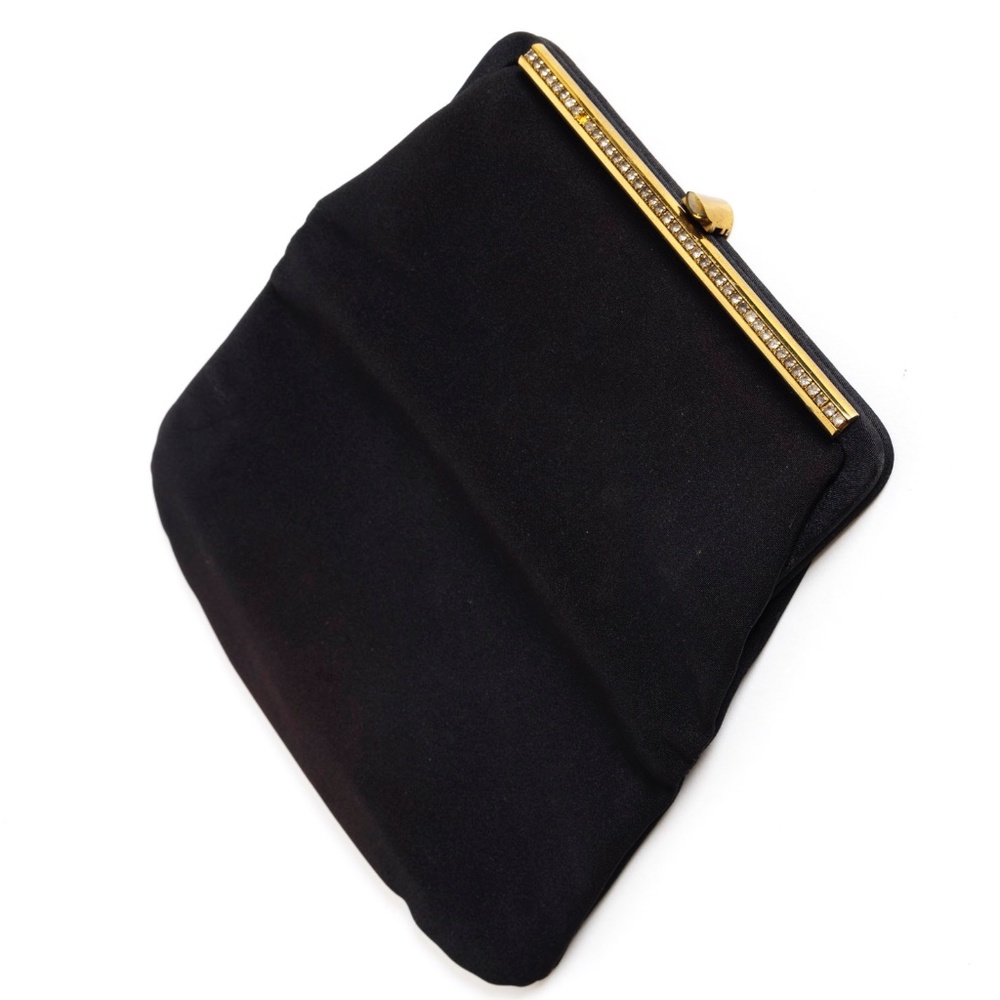 Vintage 1950s Black Faille Clutch w rhinestone frame foldover evening bag